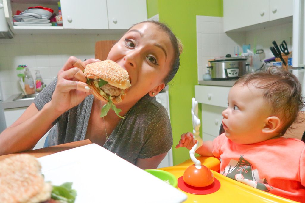 mother and son eat